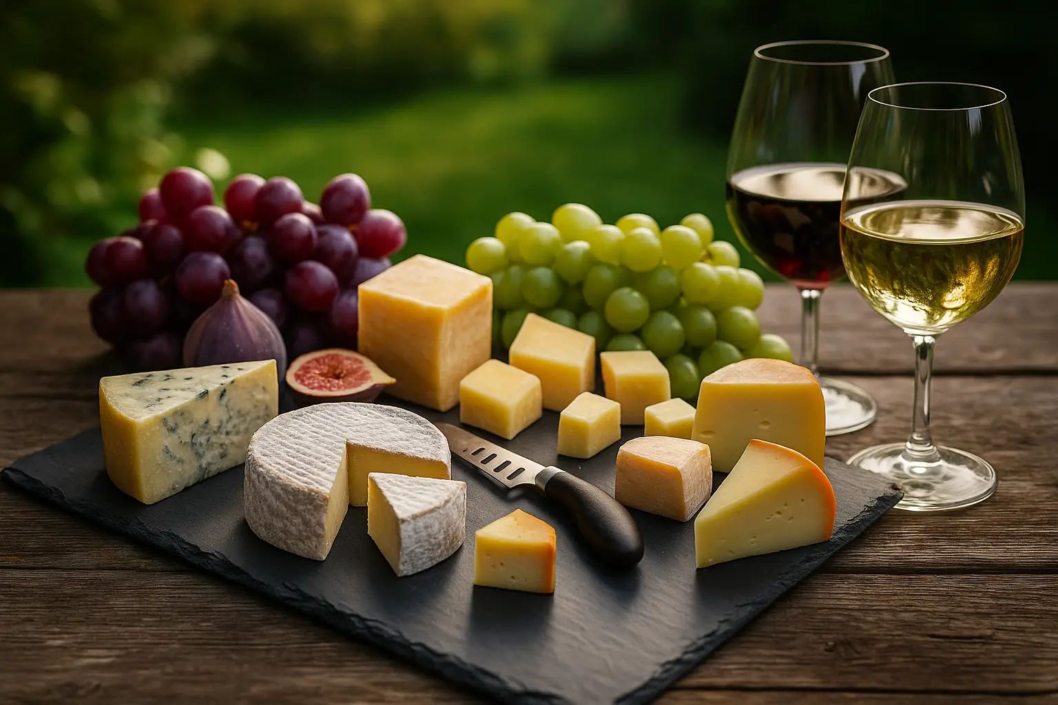 Artisan cheeses laid out with wine at a tasting at The Cheese Shop Nantwich